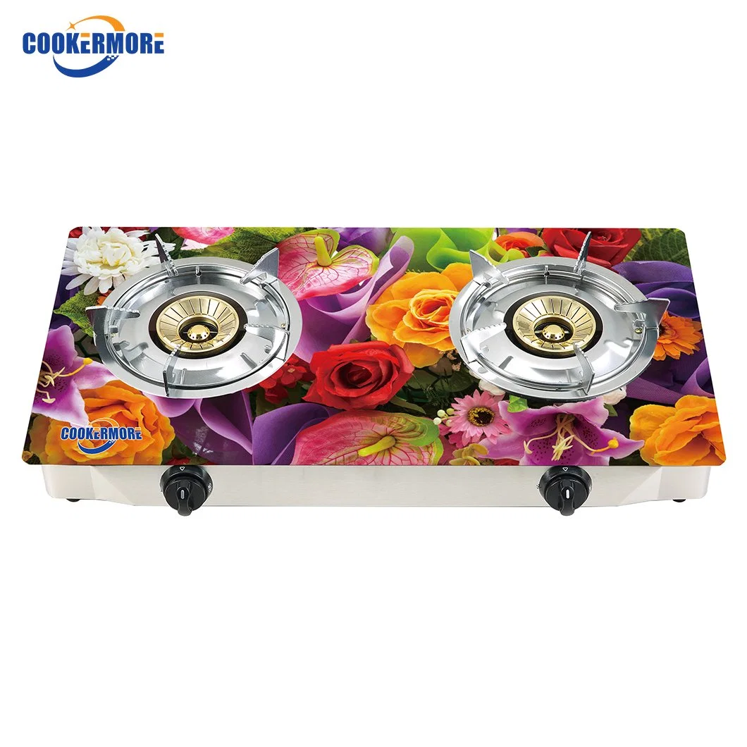 Wholesale Price Restaurant Two Burner LPG SKD CKD Gas Cooker 2D Printing Tempered Glass Gas Stove