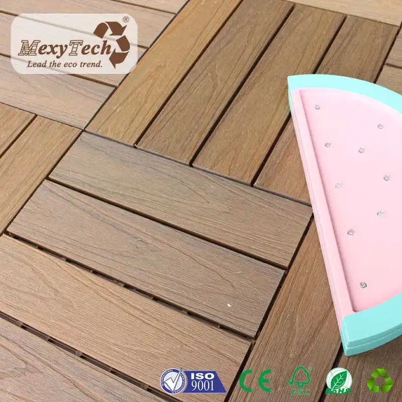 Teak Color Deck Tile 300mm&times; 300mm Wood Grain Texture Interlocking Tiles for Balcony