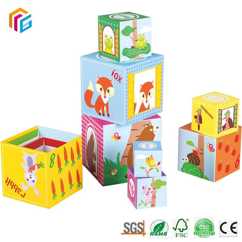 Multi Color personalizado de enseñanza aprendizaje preescolar Bloque de apilamiento de los niños Juego Animal de cartón los números de patrón de la iluminación de anidación de juguete cubo de apilamiento de verificación