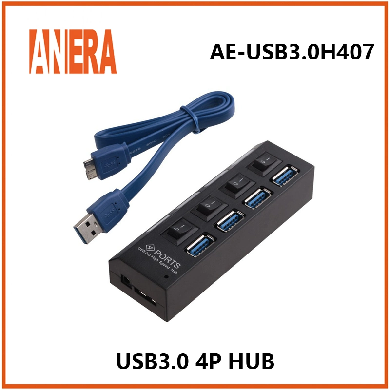 Anera High Speed New Design 4 Ports USB3,0 Hub mit Einzelschalter 5Gbps tragbar kompakt mit Kabel