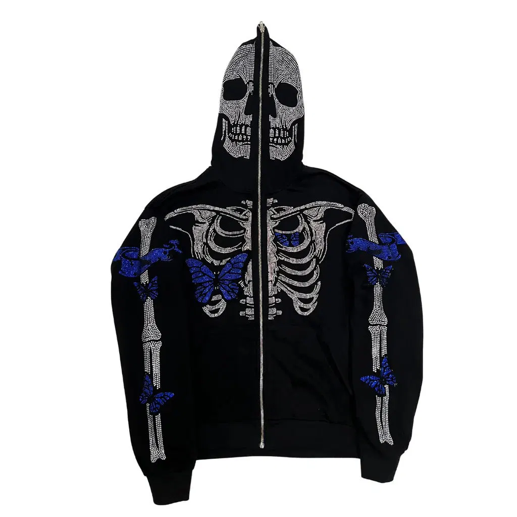 Custom Logo Printing Embroidery Full Face Zip Hoodie Rhinestone Skeleton Street Wear Sports Gym Heavy Weight Casual Workout Oversized Hoodies for Men