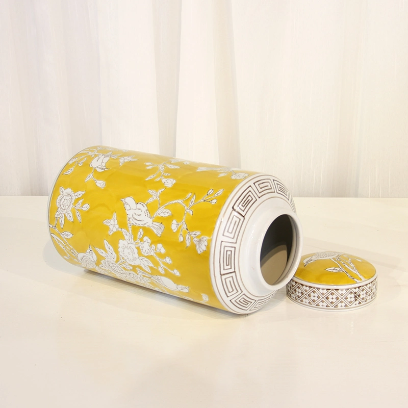 J250 Good Quality European Style Ceramic Cylinder Flower Vase Yellow Porcelain Jar Sets with Lid