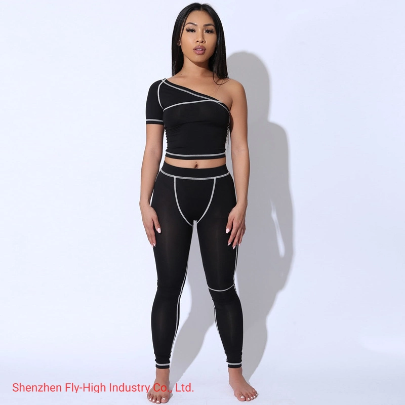 Stylish Ladies Black One Shoulder 2 Pieces Yoga Sports Women Suits