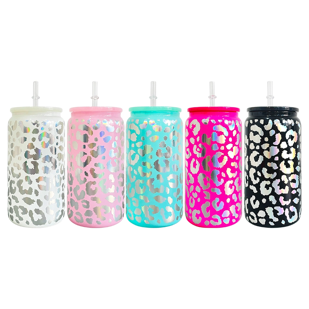 16oz Vinyl Wrap Decal Holographic Leopard Cheetah Print Beer Glass Can with Colorful Plastic Lids