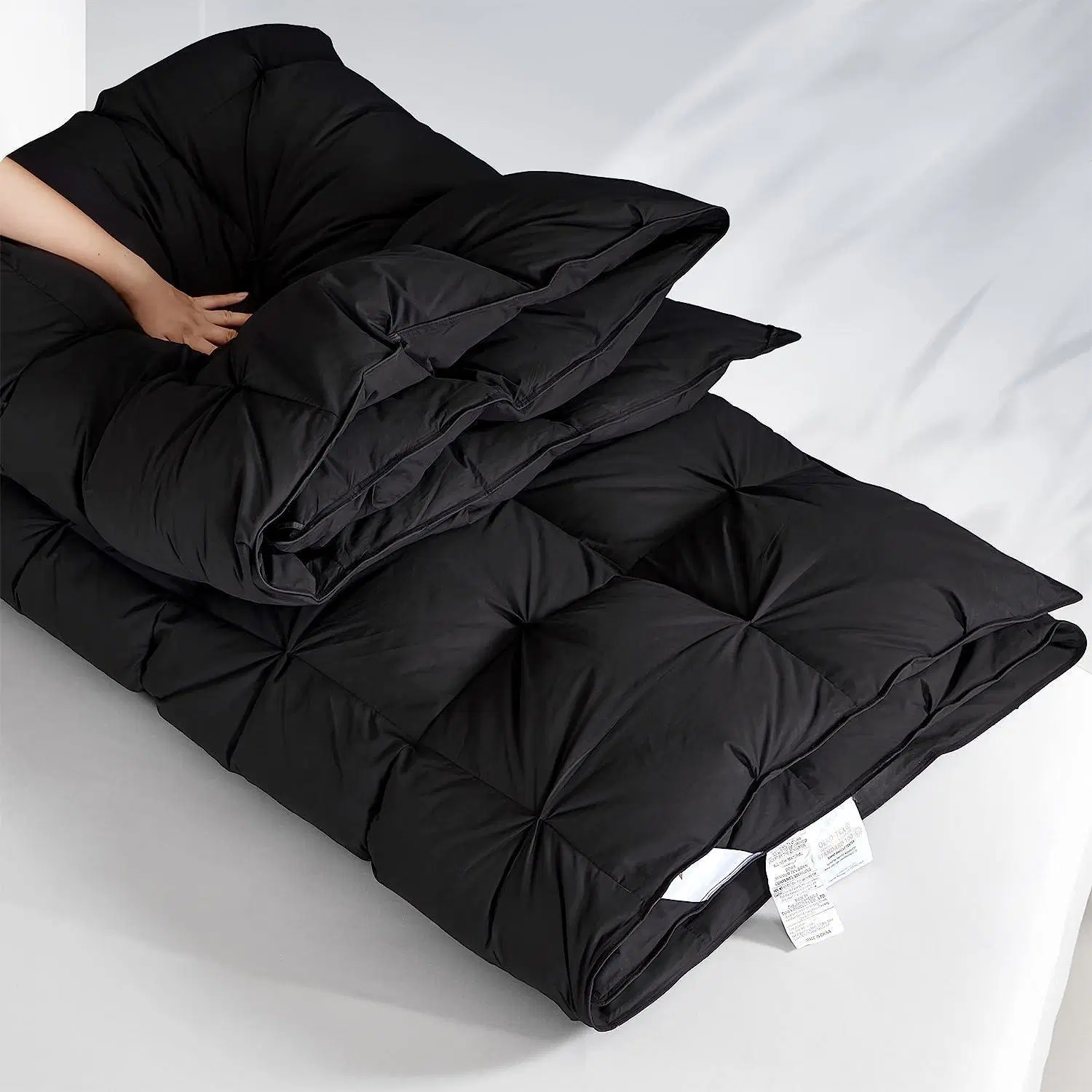 Édredon toutes saisons 75 % duvet, grand lit, couette moelleuse avec 8 coins, tissu mélangé en coton résistant (noir, 98 po x 98 po)