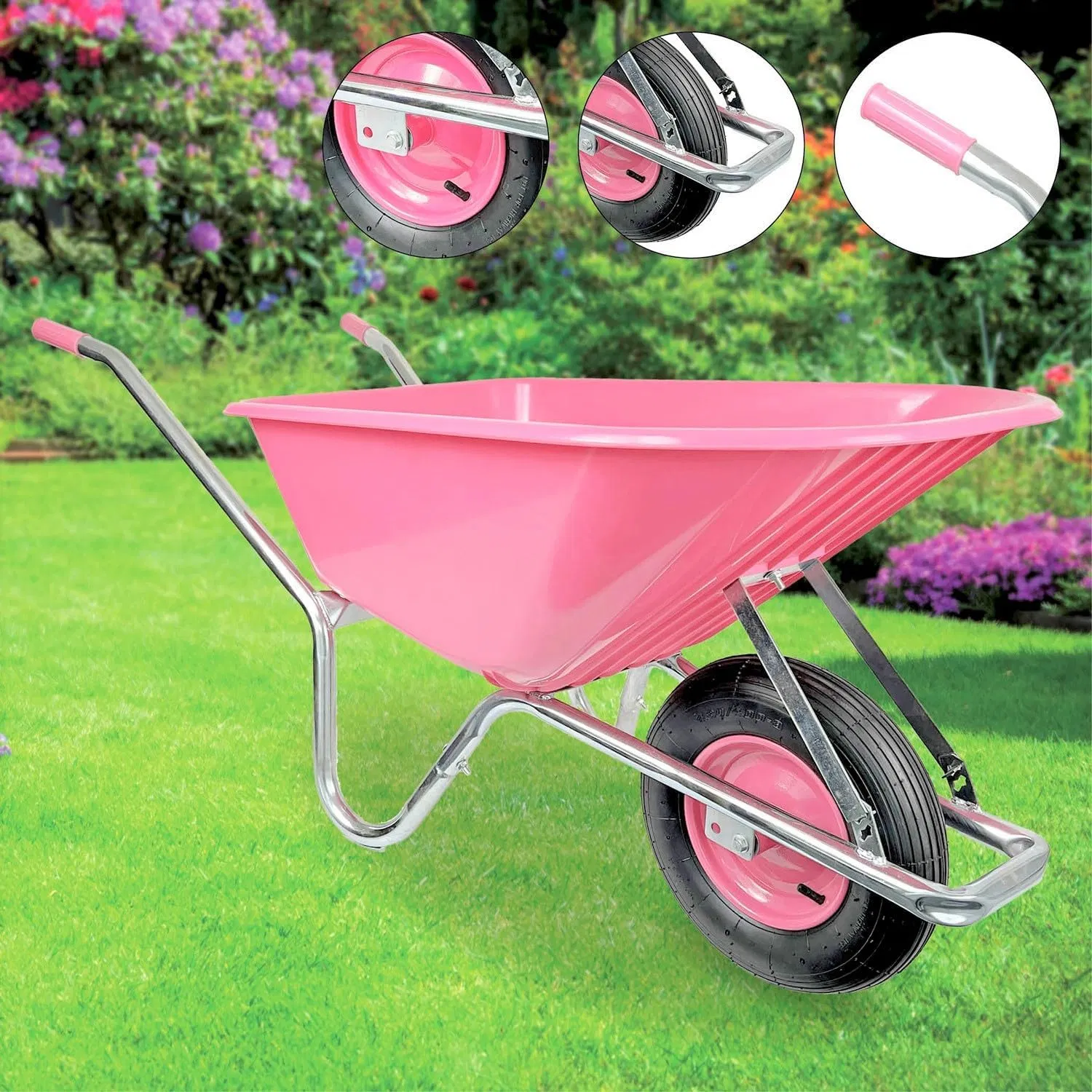 Wheelbarrow Plastic Tray Pink Galvanised Frame Metal Rim with Ball Bearing Lightweight