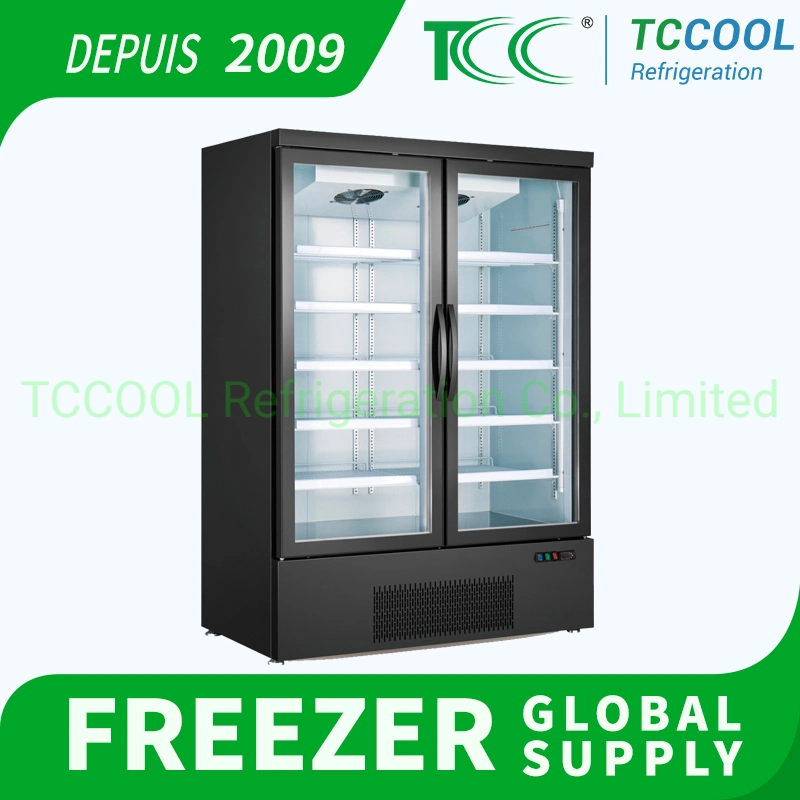 Fan Cooling Supermarket Flat Head Double Door Vertical Upright Display Freezer Without Canopy