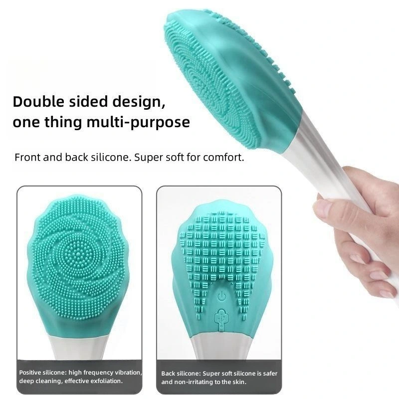 Brosse de douche électrique rechargeable avec manche long, instrument de massage en silicone pour le bain et le gommage du dos.