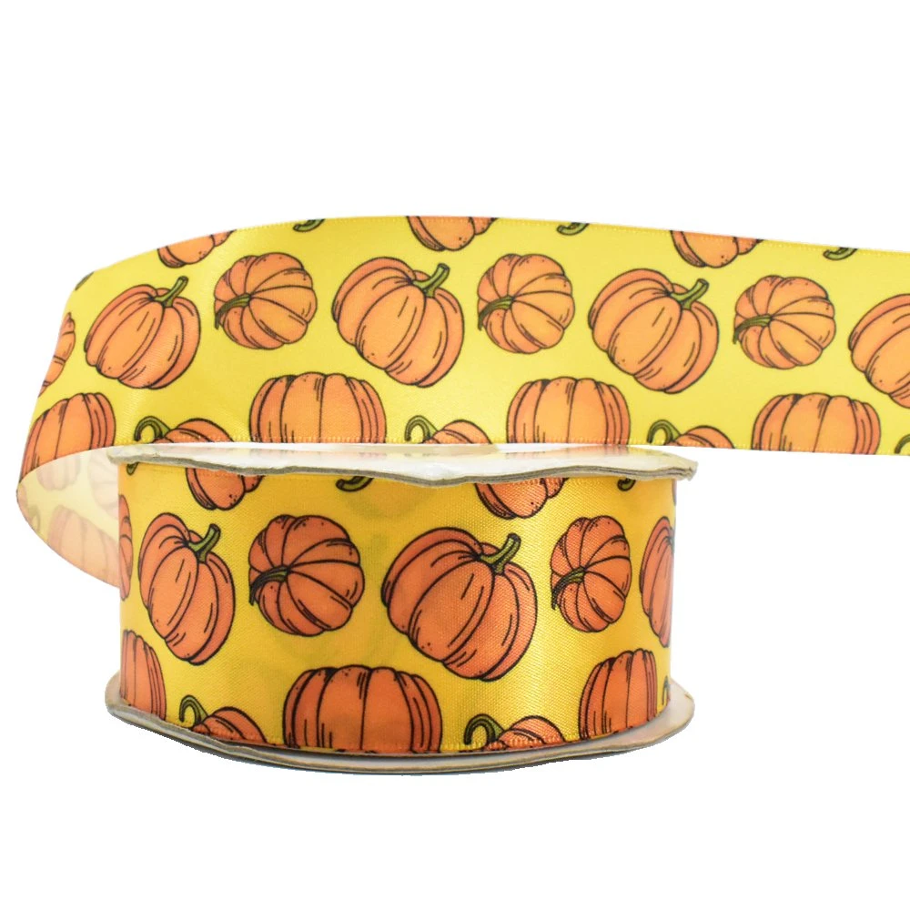 Custom Thanksgiving Day Gift Ribbon Decorative DIY Pumpkin Pattern Printed Polyester Satin Ribbon