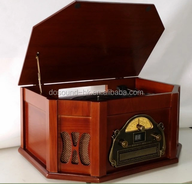 Disques Gramophone et multi-plateau en bois avec entrée auxiliaire, lecteur de CD, radio et cassette FM