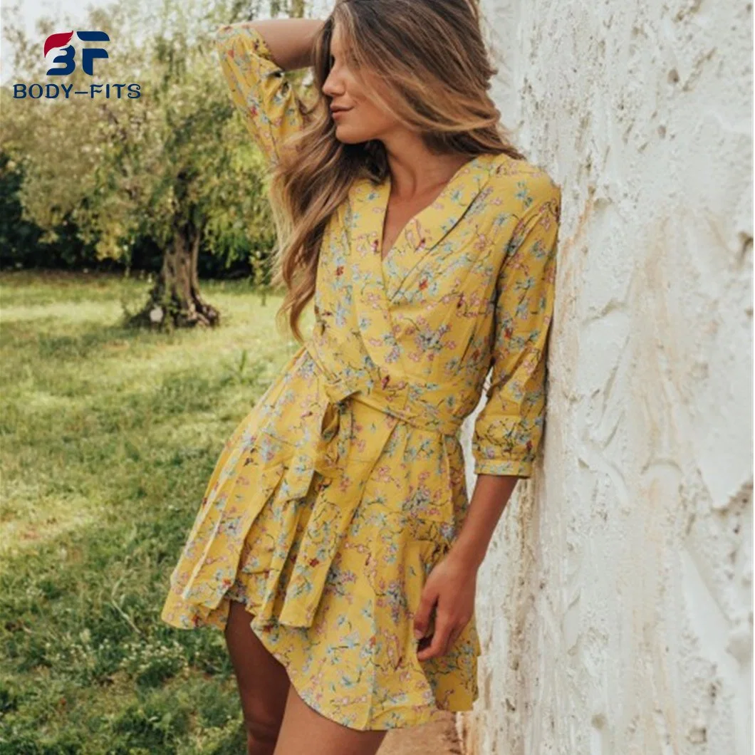 Ss22 Custom Designs Women Fashion Yellow Flower Prints Irregular Wrap Ladies Dress