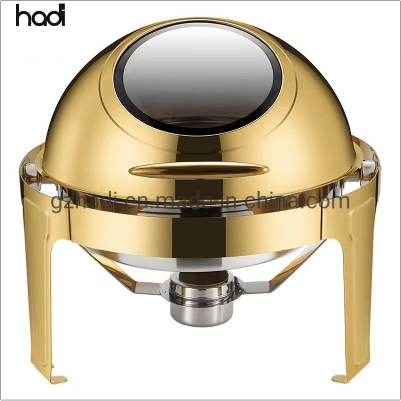 Factory for The Manufacture Chafer Dish Gold Roll Top Round Chafing Dishes Gold Plated Buffet Food Warmer with Glass Window