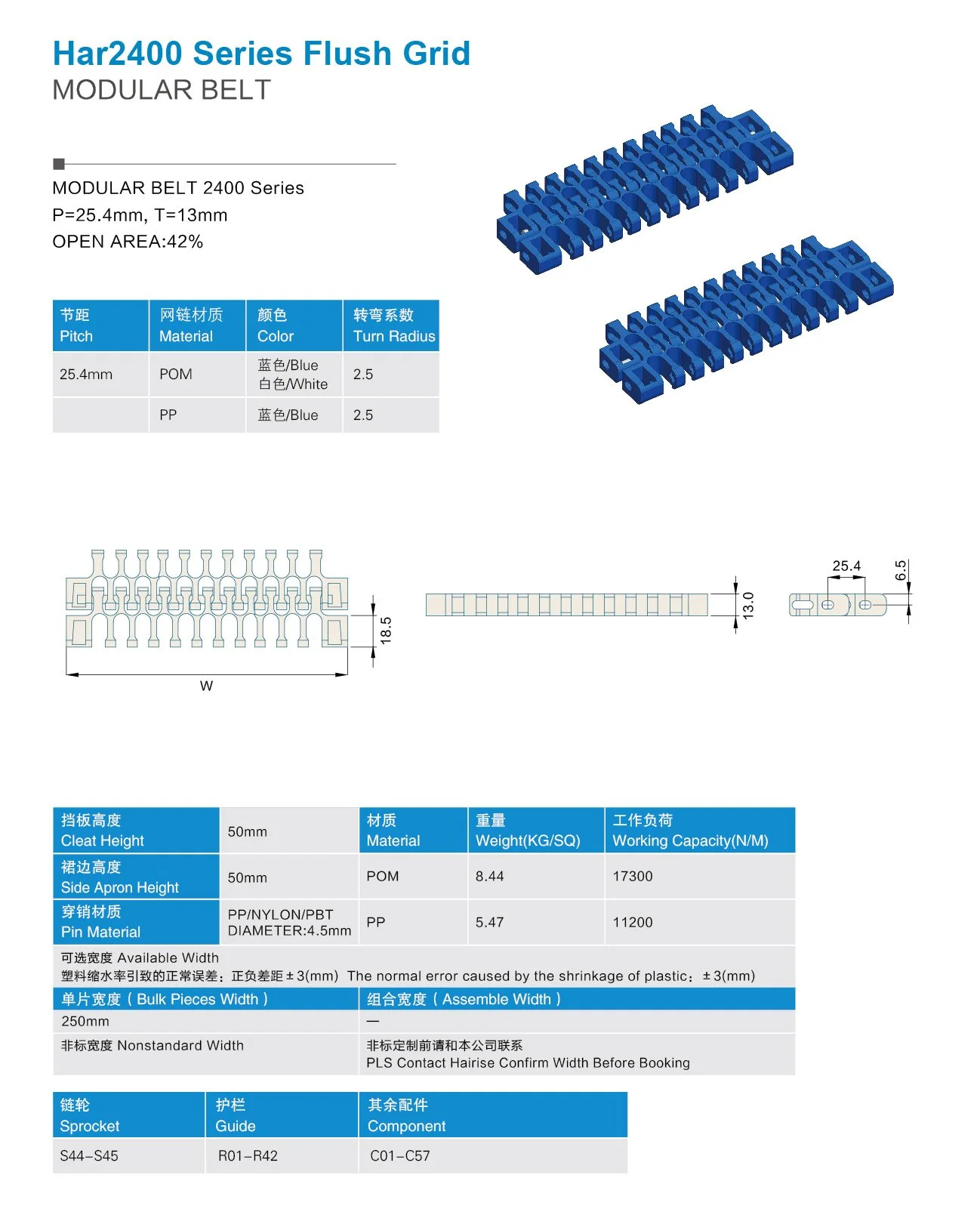 Flush Grid Belt Har-2400 with Baffle and Side Apron Wtih ISO& CE &FDA Certificate