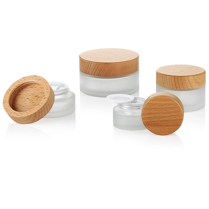 50ml/1.7oz Frosted Glass Cosmetic Cream Jar Bottle Refillable Glass Face Cream Pot with Bamboo Lids