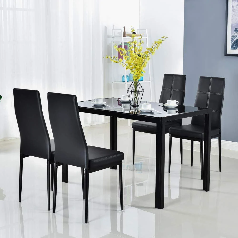 Muebles de comedor de estilo moderno para restaurante. Mesa de comedor cuadrada de lujo con tapa de vidrio templado y silla de comedor de PU.