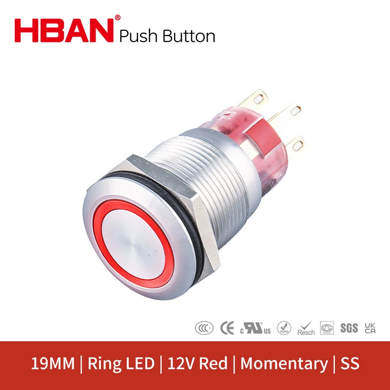 Resistente al agua IP67 1no1nc anillo LED Acero inoxidable 12V Rojo momentáneo Interruptor