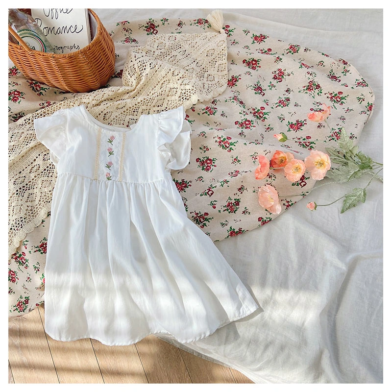 Children's Clothes 2023 Summer Style Lace Flower Embroidery Girl's Dress Sweet Cotton Children's Short-Sleeved Skirt (CFTZ-015)