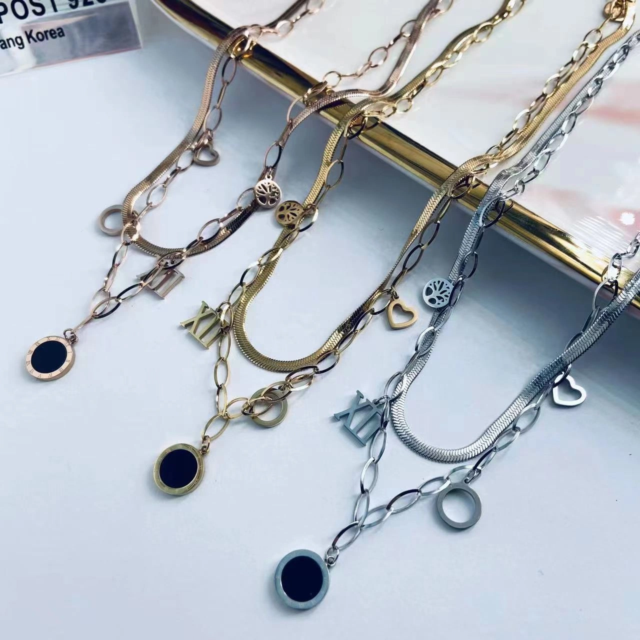 Stainless Steel Chain Rhombus Gemstone Necklace New Design Round Pendant Necklace for Women