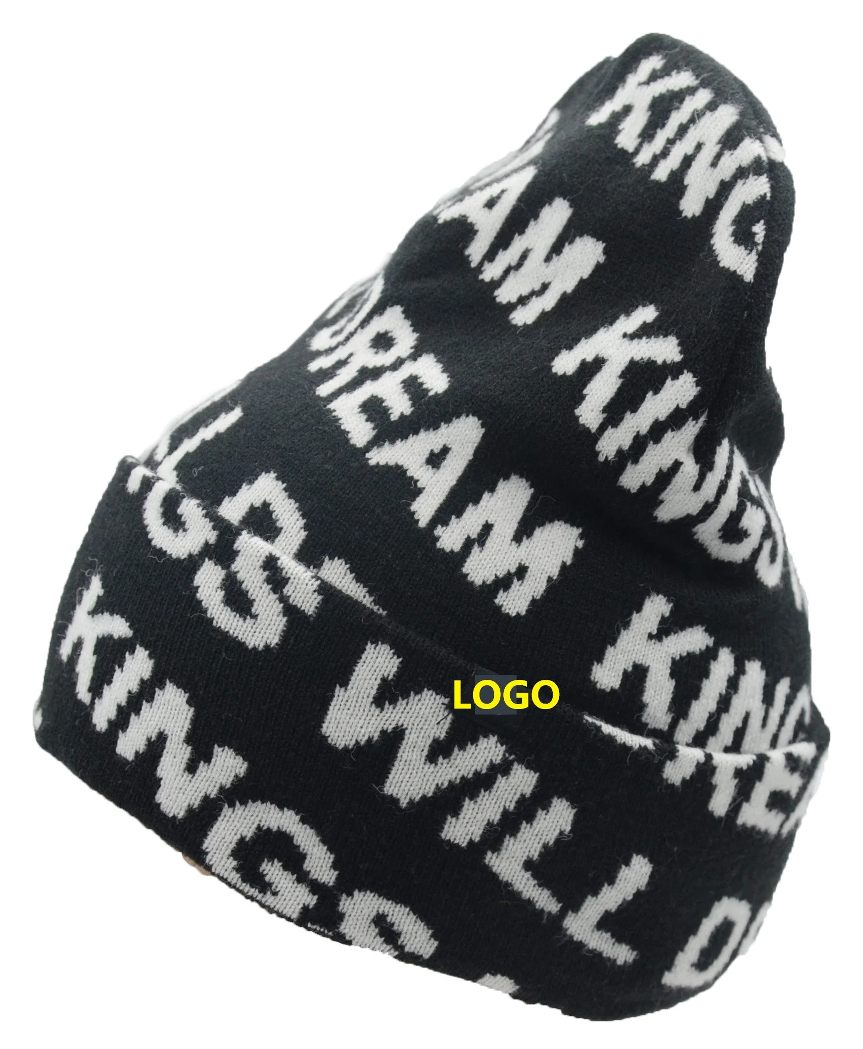 Warm Soft Black Knitted Hats with Letter Jacquard with Custom Embroidery Logo BSCI Oeko Tex