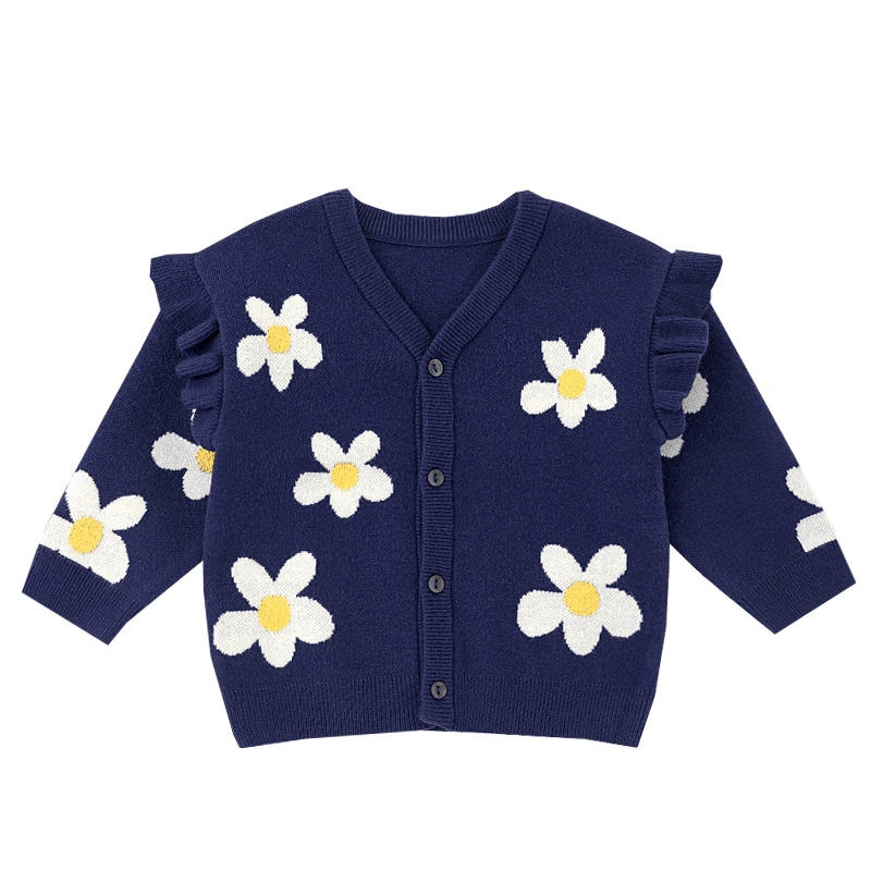 Custom Girls Clothes Long Sleeve Ruffles Children Knitted Flower Pattern Sweater Cardigan