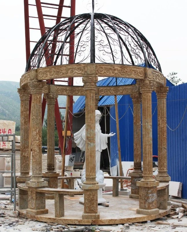 Garden Decor Design Hand Carved Yellow Sandstone Roman Column Marble Pavilion Gazebo with Iron Roof (SYMG-1026)