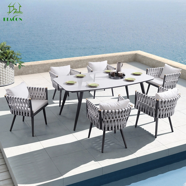 Jardín de aluminio exterior Rattan cuerda patio rectangular de tejido de la mesa de comedor Muebles de Comedor 6 asientos