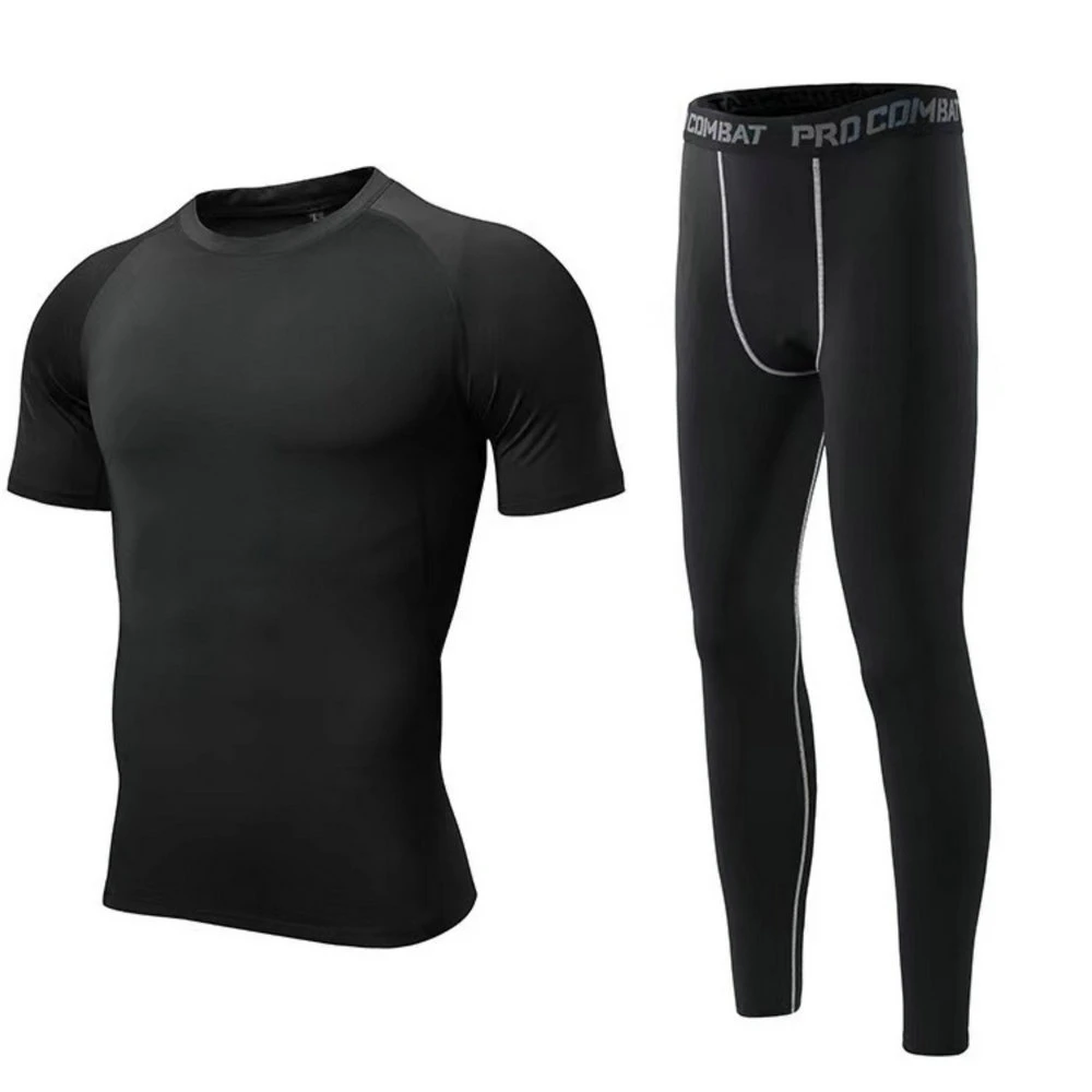 Men Fitness Clothing Two-Piece Set Short-Sleeve Tops and Fabric Stretch Tights Training Yoga Running Sportswear Wbb18557