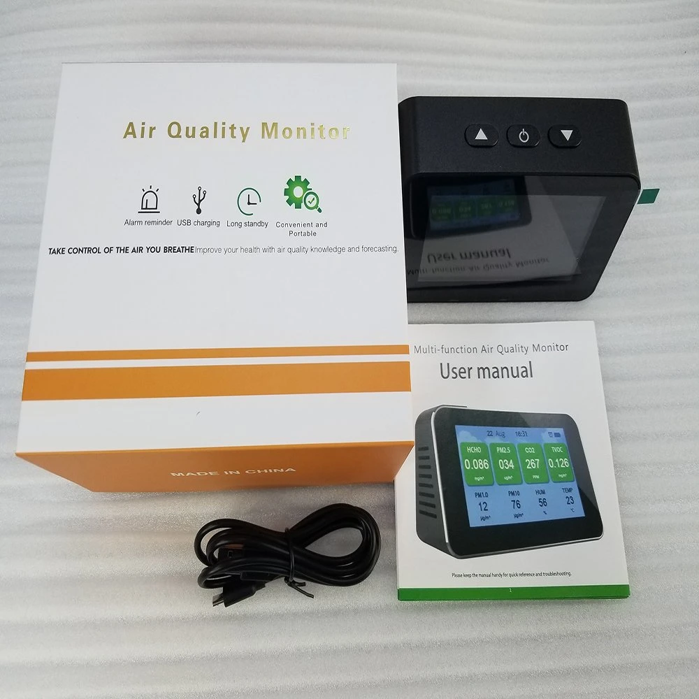 10 in 1 Air Quality Monitor Hcho CO2 Tvoc Pm2.5 Pm1.0 Pm10 Aqi Temp & Humi Detector with Alarm and Rechargeable 3000mAh Battery