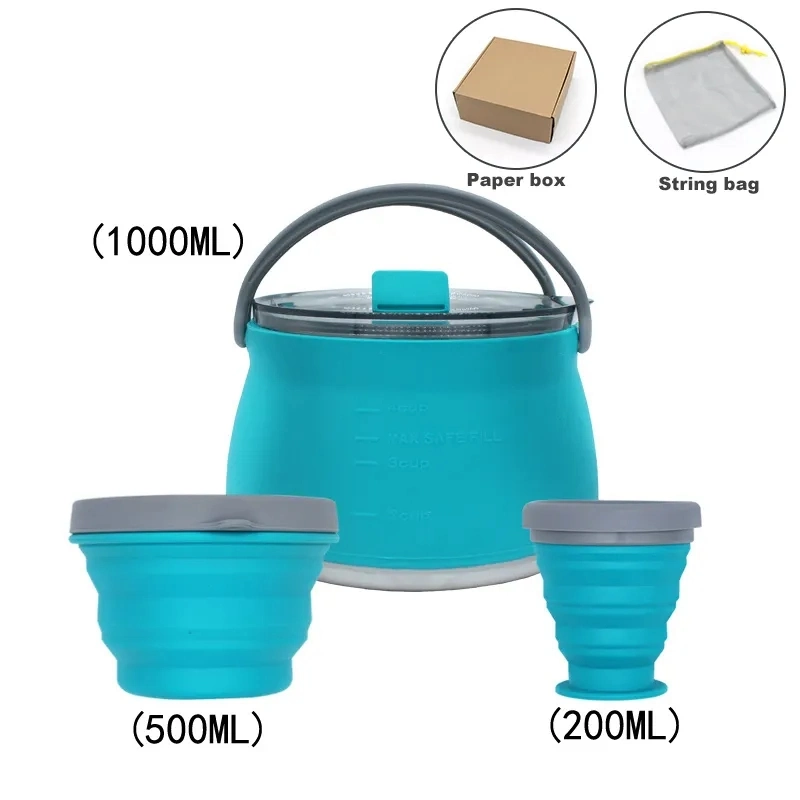 Three Plece Set Portable Silicone Camping Collapsible Kettle Pot Bowl Cups Cook Set with Custom Logo