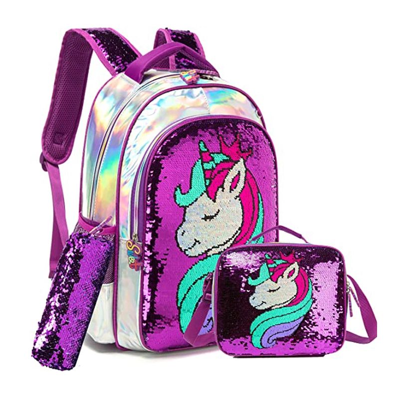 Mochila escolar de lantejoulas para meninas da moda com brilho, para estudantes do ensino fundamental, com lancheira e estojo de lápis.