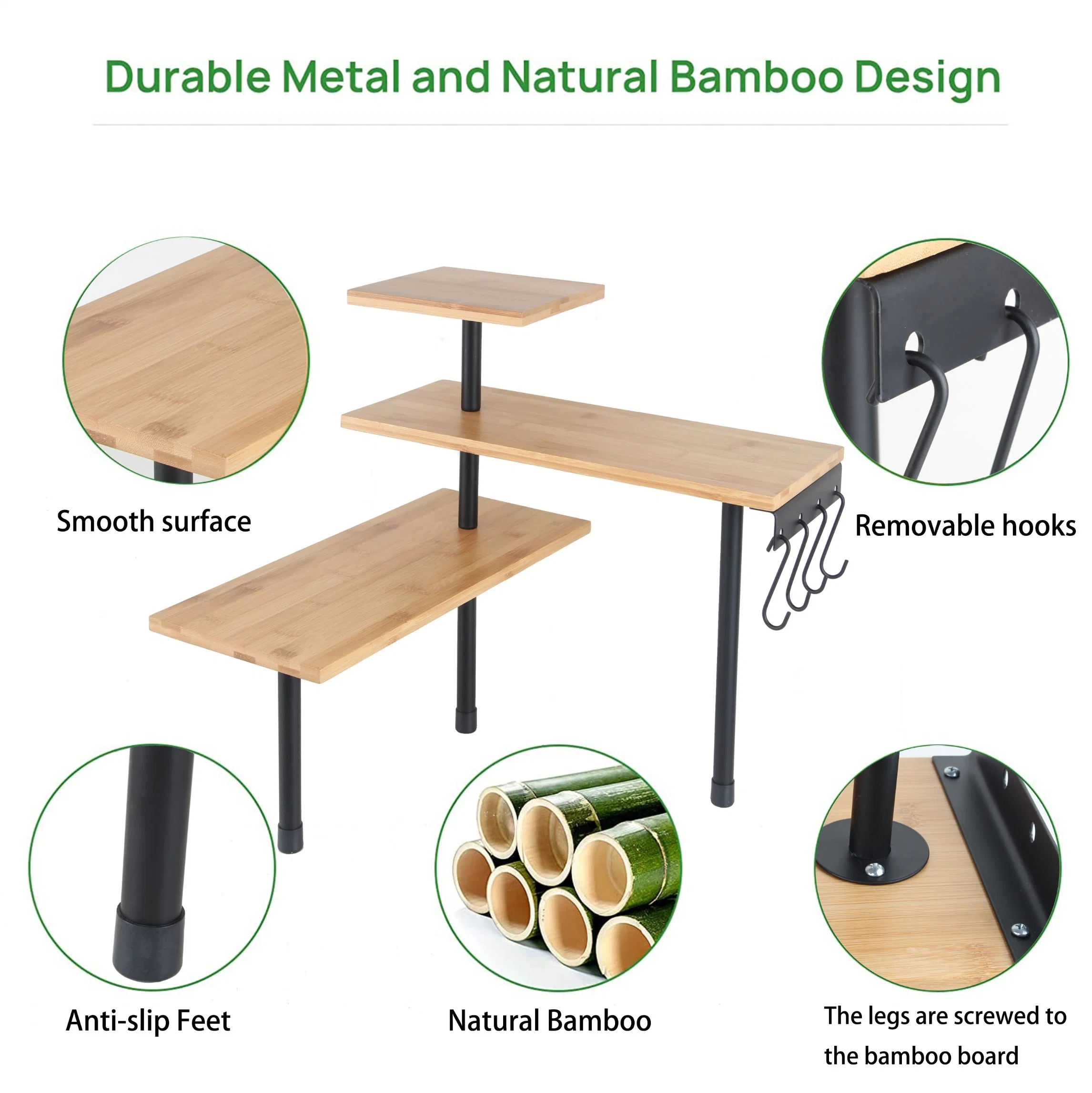 Prateleira de canto de 3 níveis bancada de bambu Organizador prateleiras para prateleiras de prateleira prateleiras de secretária móvel para sala de estar, cozinha, escritório