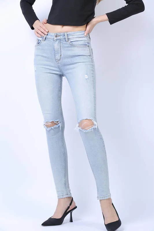 Moda mujeres Jeans OEM Niza enzima Ripper lavado skinny Fit Jeans denim para mujer de color azul claro