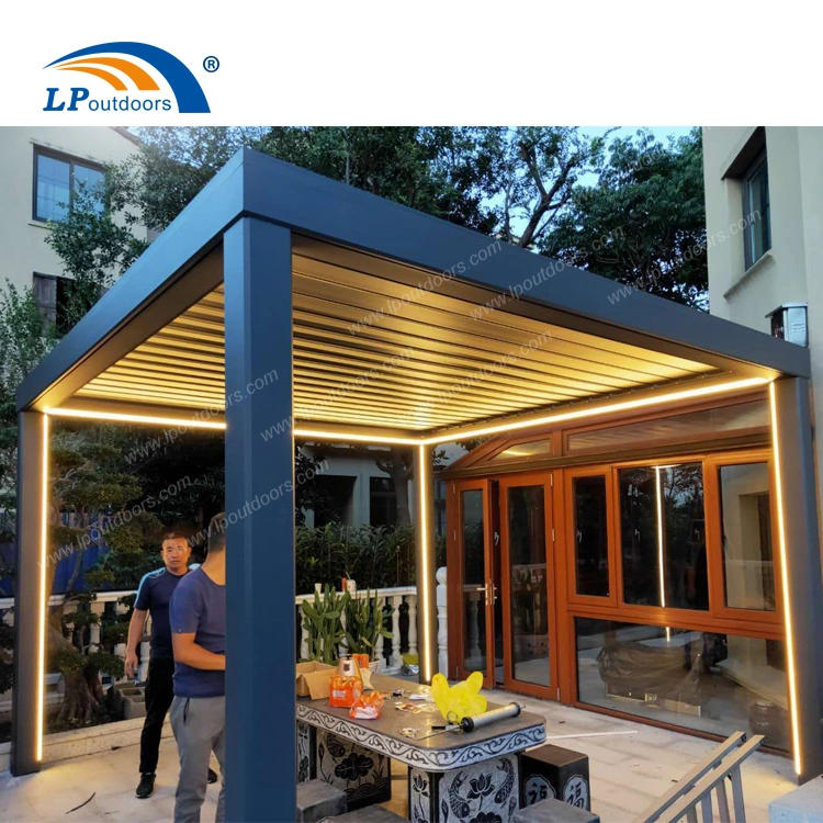 Aluminio sombra de sol Jardín eléctrico impermeable Gazebo Louvre techo Pergola con Luz LED