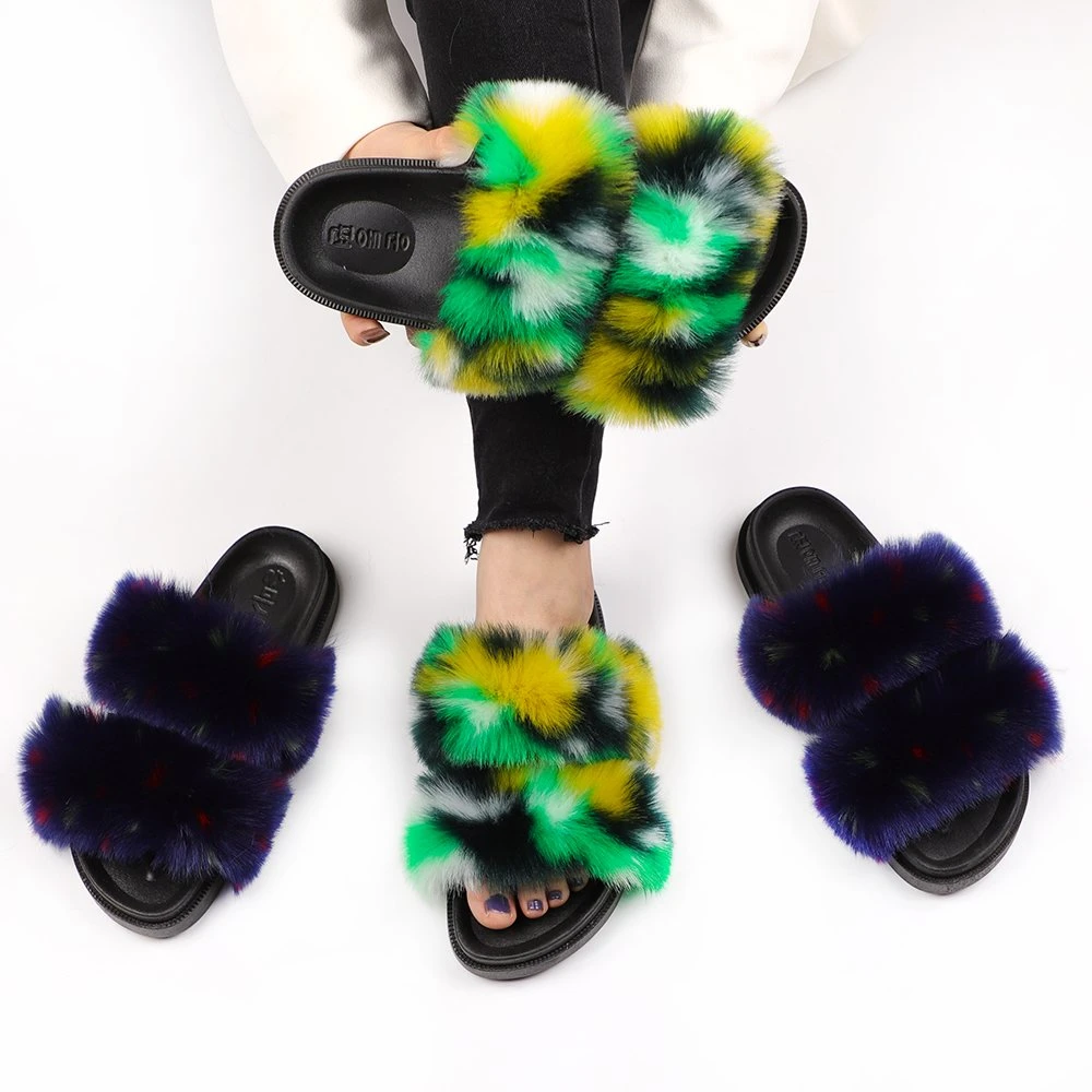 2021 Fashion Women Shoes Fancy Lady House غرفة نوم المنزل الداخلي شتاء دافئة ثعلب faux Fur مرح منفوش أحذية فوزي وثيرة 18 لونًا