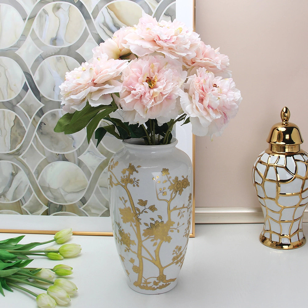 V103A High Quality Chinoiserie Ceramic Flower Vase Home Decor Wholesale Porcelain White Tabletop Vase with Gold Detail