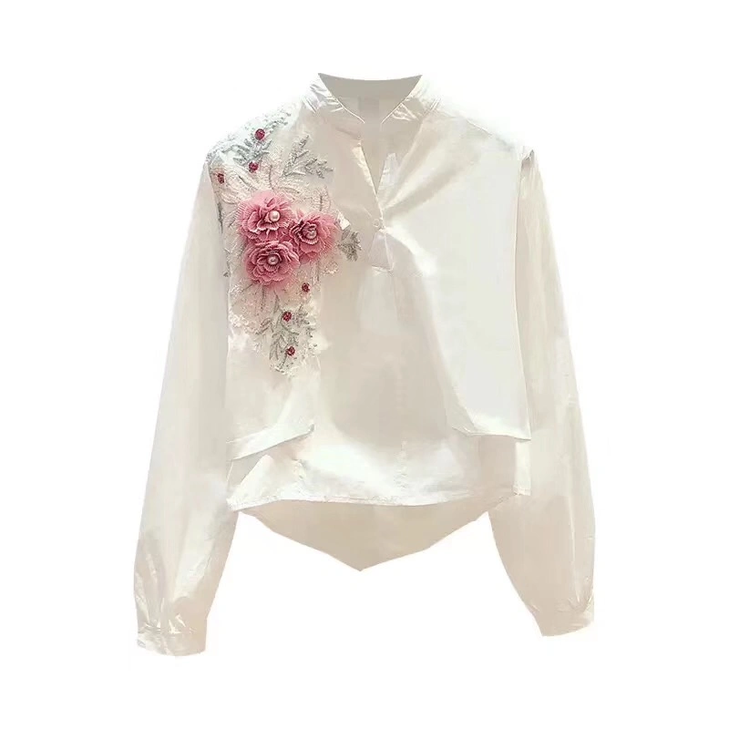 Women's Autumn Clothing Fashion Embroidery Decorative V-Neck Long-Sleeve Shirt