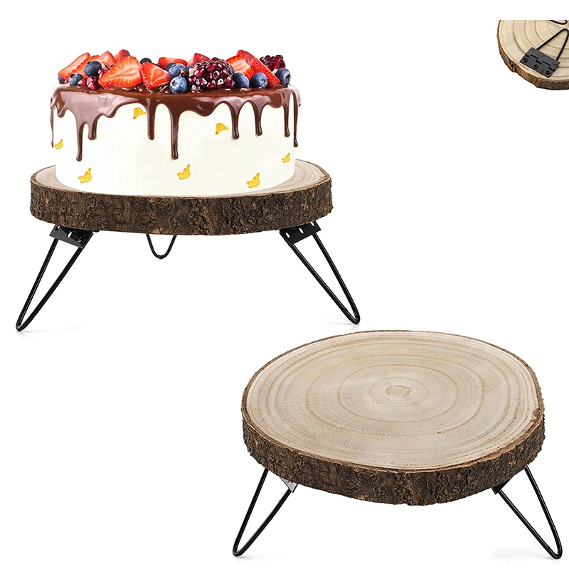 Wooden Cupcake Pedestal Paulownia Wood Slice Stand with Hairpin Metal Leg Serving Tray for Display