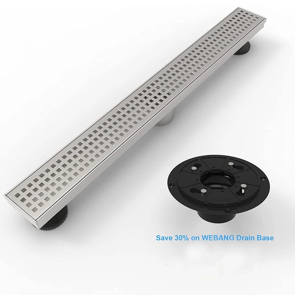 24 Inch Shower Linear Brushed Drain Rectangular Floor Drain with Accessories Square Hole Pattern Cover Grate Removable SUS304