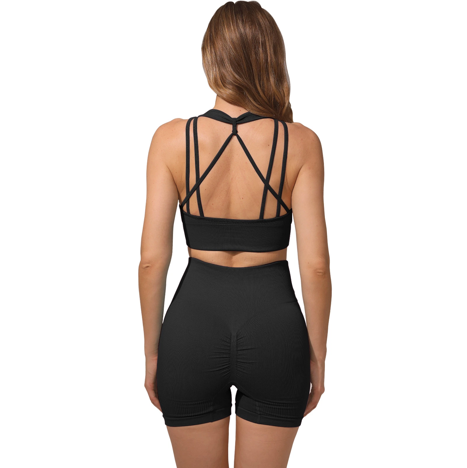 2022 Cross Border New Beautiful Back Cross Belt Shockproof Sexy Sports Underwear High Waist Hip Lifting Sports Shorts Set Women