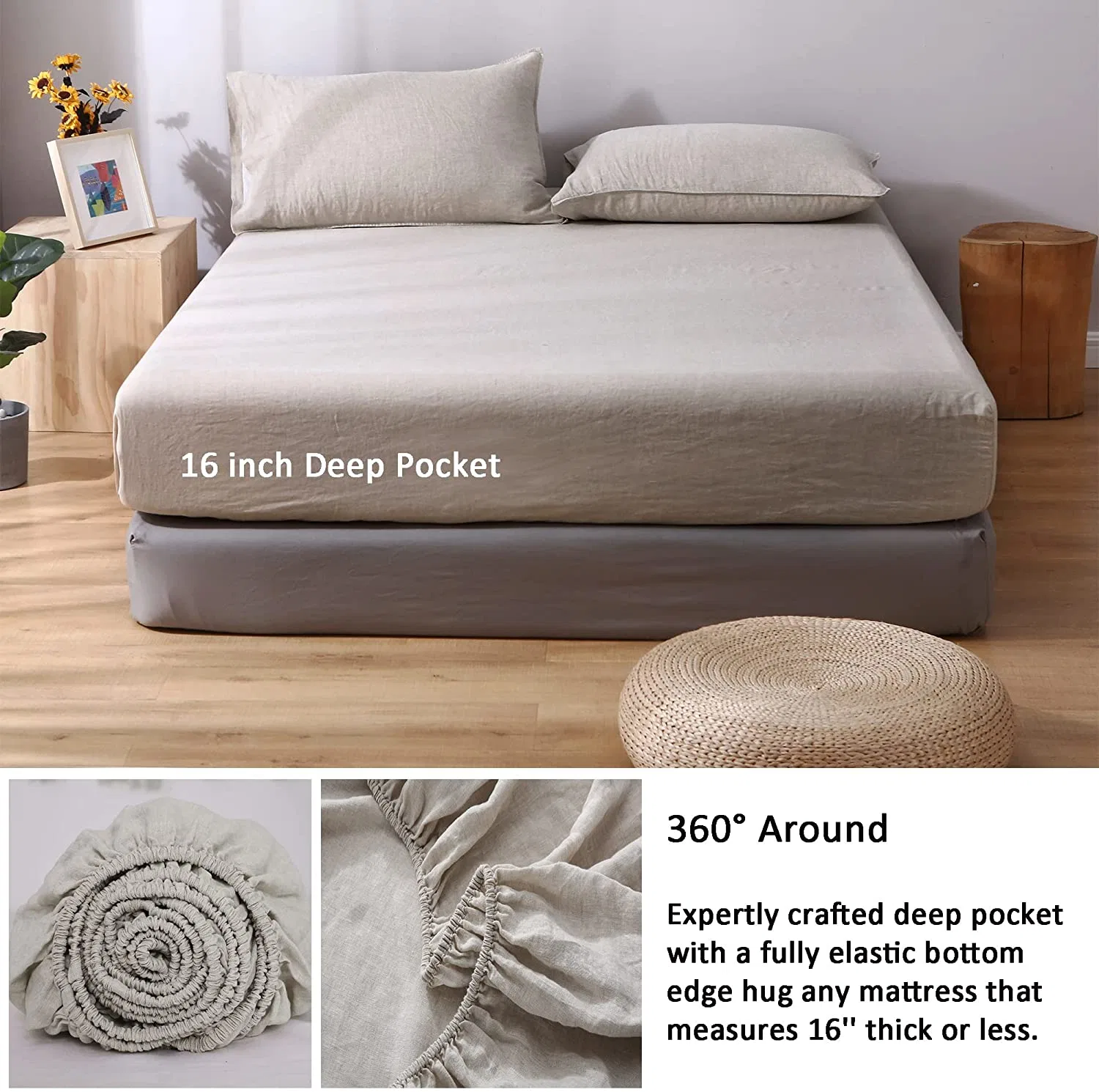 Linen Quilted Mattress Protector Bedcover Natural Eco-Friendly Material