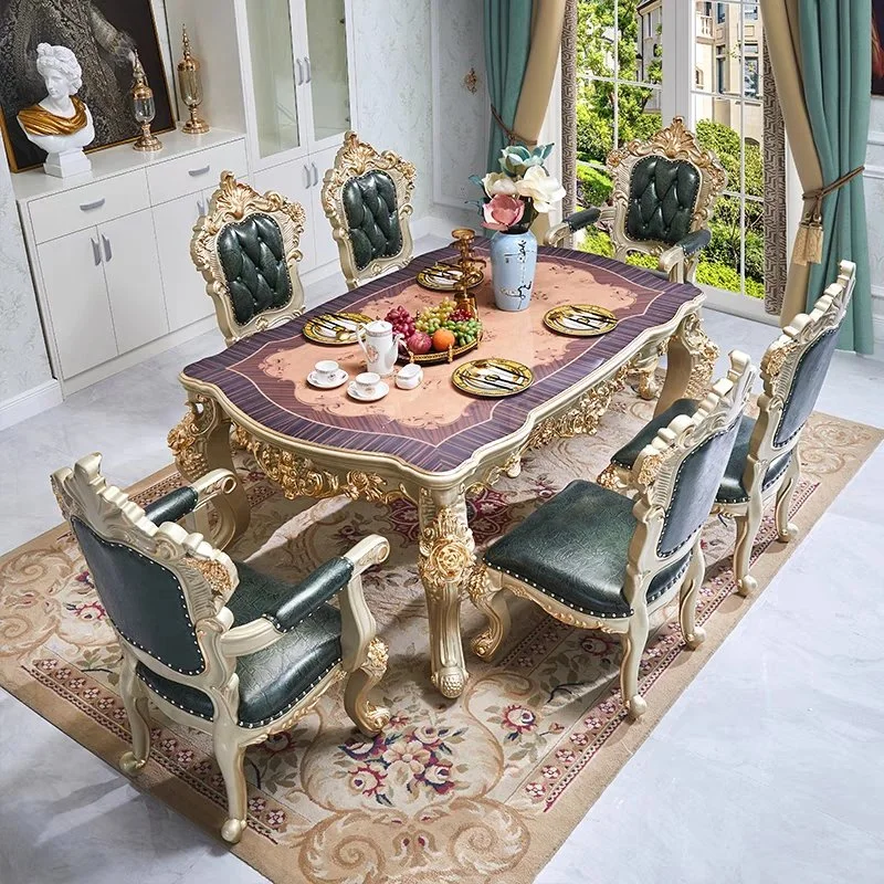 Classic Model European Style Gold Wooden Home Villa Dining Table Set