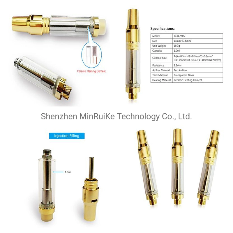 Bud V15 Vape Cartridges Em 1.0ml Golden Vape Cartridge 2.0mm Oil Hole E-Cigarettes Empty Ceramic Coil Carts 510 Thread Vaporizers Oil Atomizers