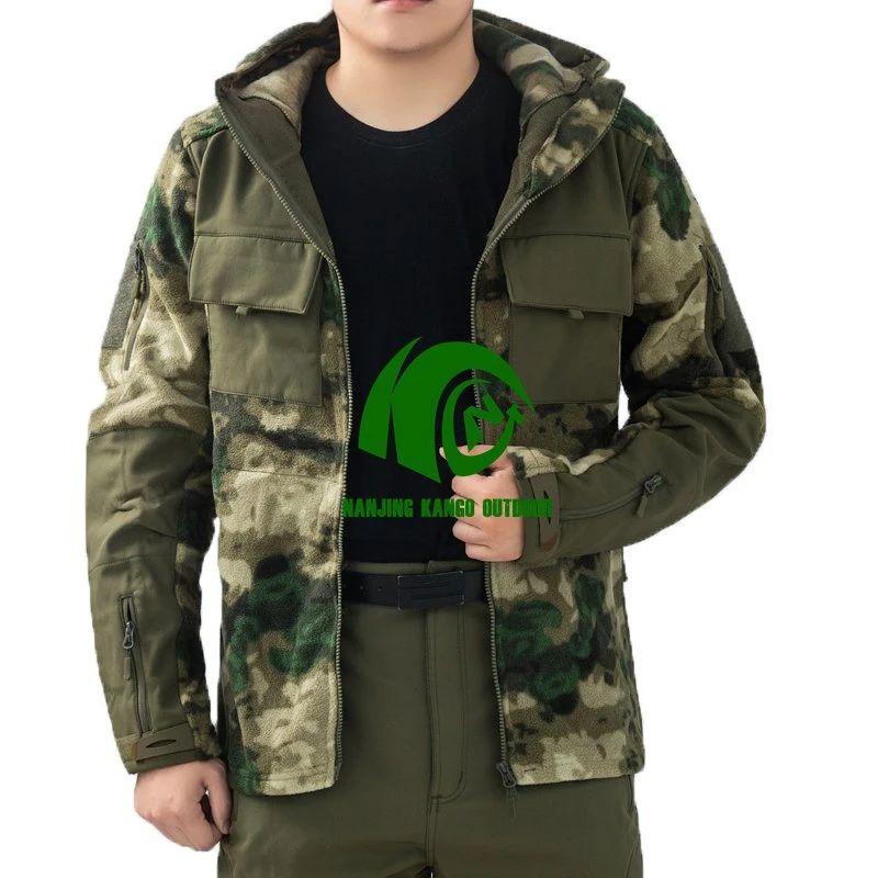 Blusão de velo camuflado para outono e inverno tático com capa macia camuflada Quebra-ventos quentes Coat Exterior Hooded Army roupas