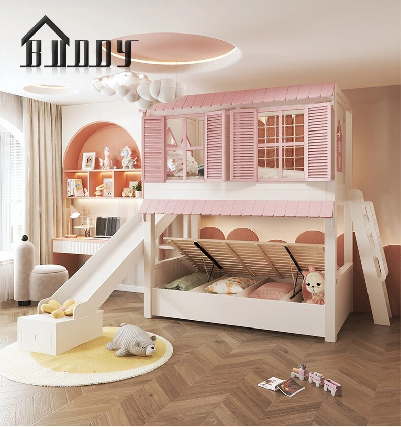 Children Bed Modern Pink Princess Bed Kids Bunk Beds Triple Girls Bedroom Wooden Furniture