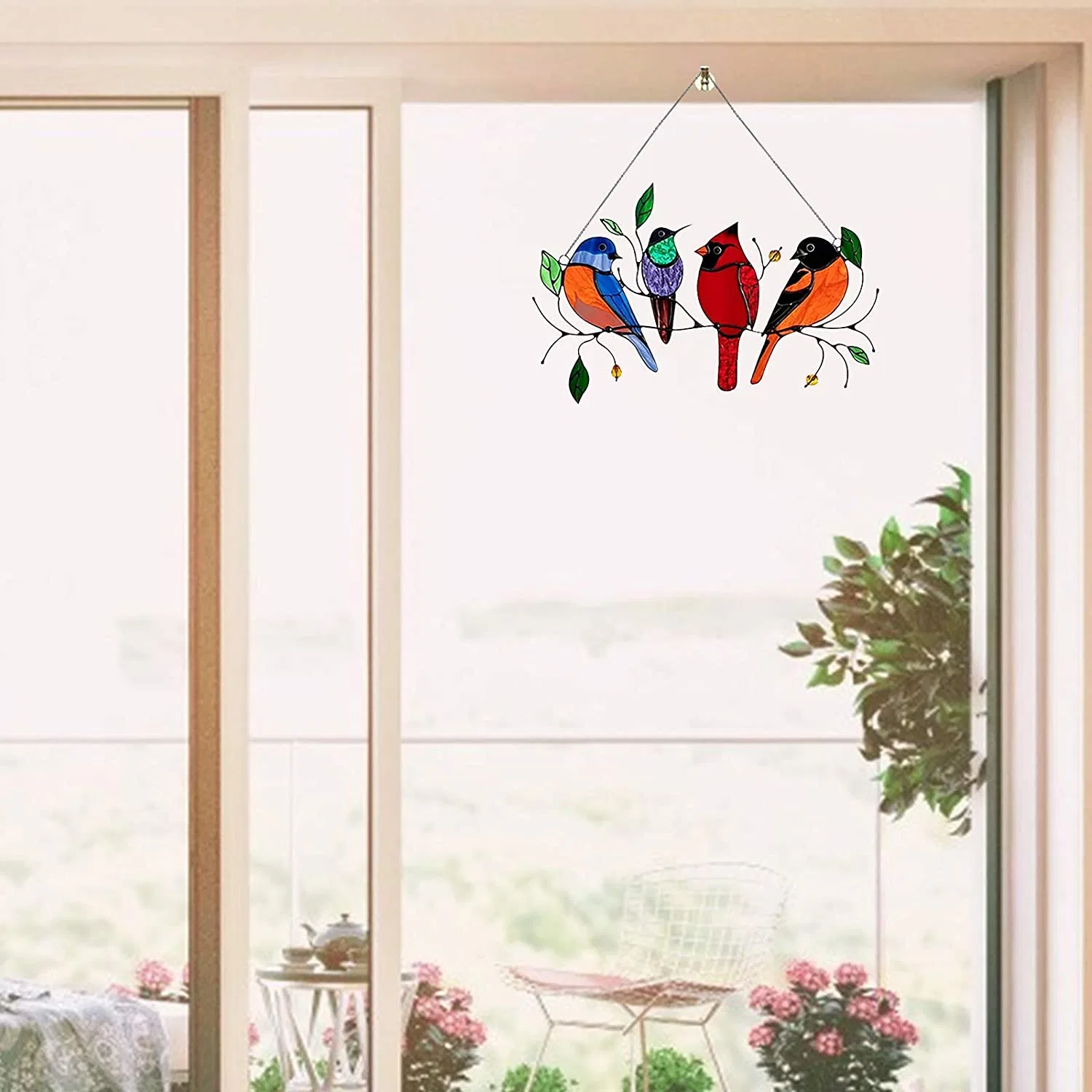 Multicolor Birds on a Wire High Stained Glass Suncatcher Window Panel, Stain Glass Window Hanging, Bird Series Ornaments Pendant Home Decoration Birds Decor