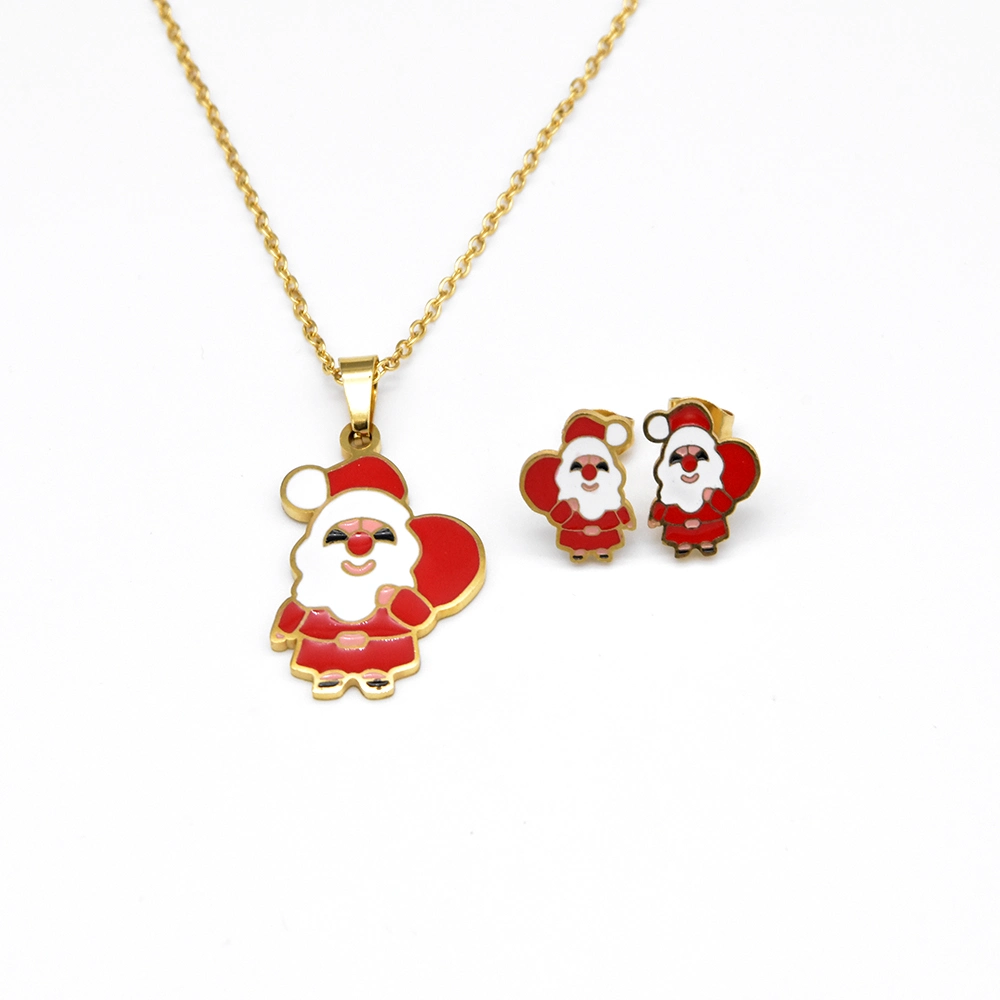 Christmas Collection Santa Claus Necklace and Earrings Claus Enamel Jewelry Set for Ladies