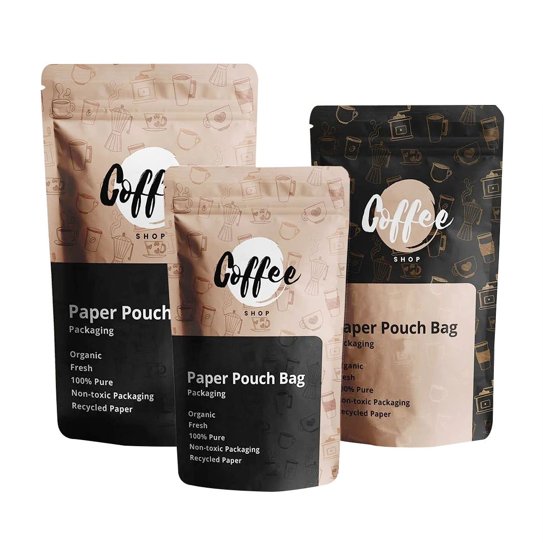 Custom Printing Waterproof 100% Biodegradable Stand up Kraft Paper Packaging Coffee Pouch