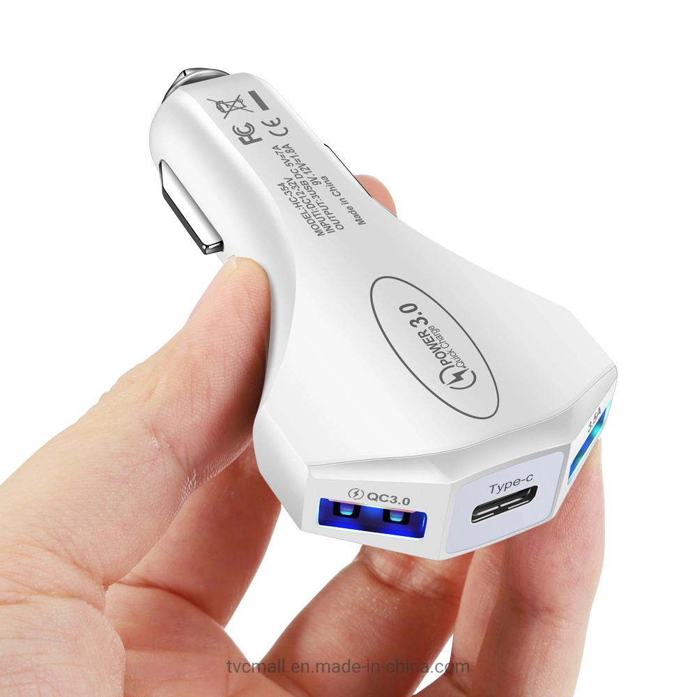 Novo 35W 7A USB duplas + 1 Tipo-C QC3.0 Carga Rápida adaptador de alimentação carregador de automóvel de telefone móvel (CE, FCC Certificados) - Branco