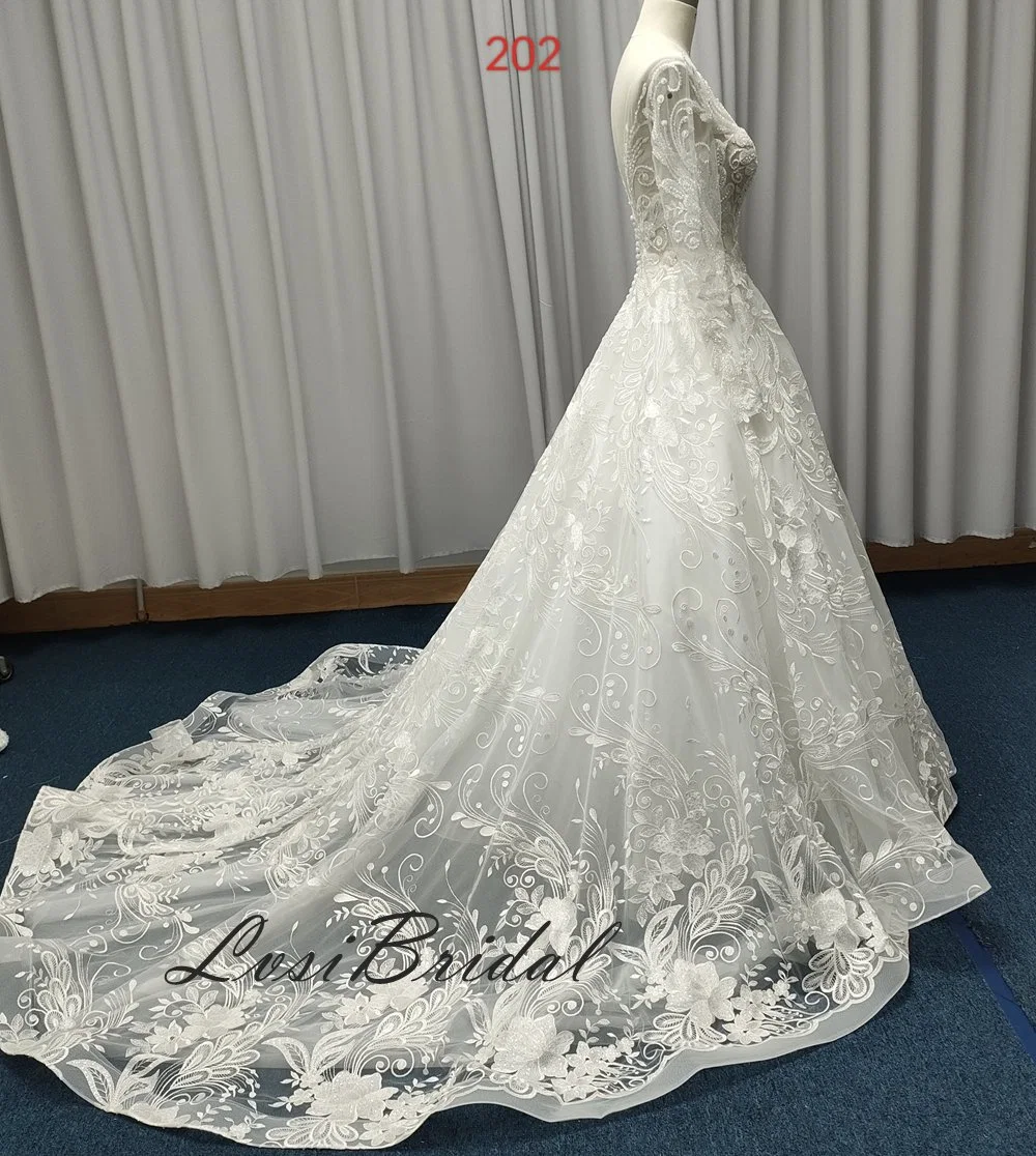 202 Illusion Bodice and Long Sleeve Wedding Dress Embroidered Beading Fashion Lace Bridal Gown Dress with Hot New Style Dress Directly Bridal Factory