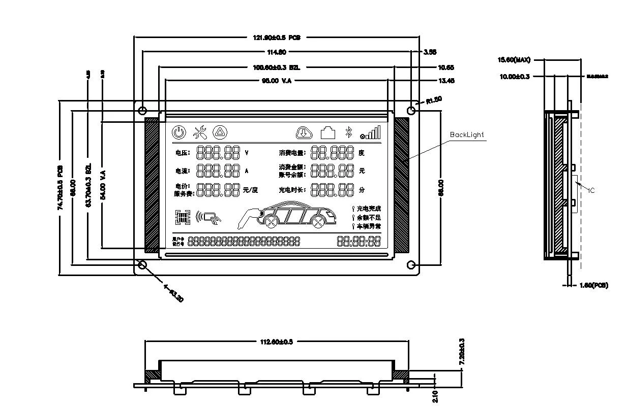 Kfz-Ladeanzeige VA negativ 6: 00 O′ Uhr LCD-Display mit Zebra-Steckverbinder